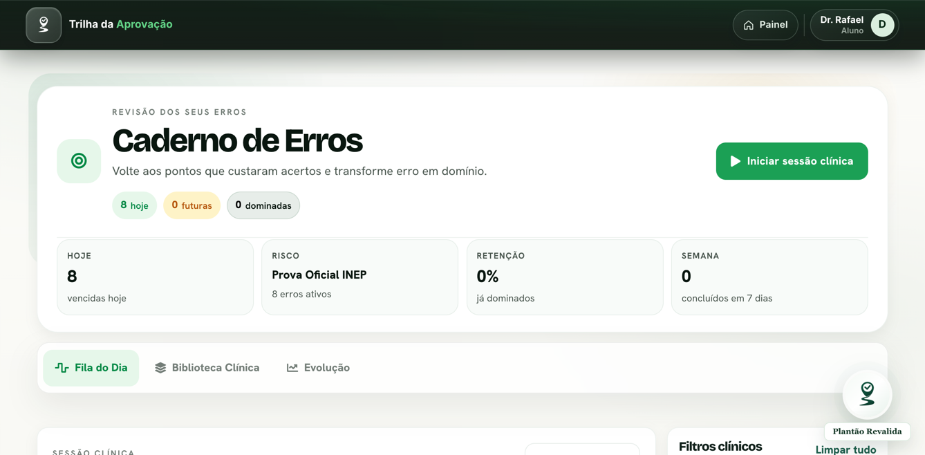 Caderno de Erros real com oito questões oficiais INEP na fila de revisão do perfil demonstrativo