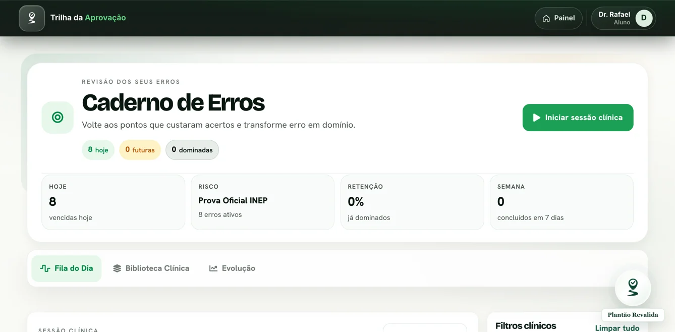 Caderno de erros da Trilha com questões e áreas para revisar.