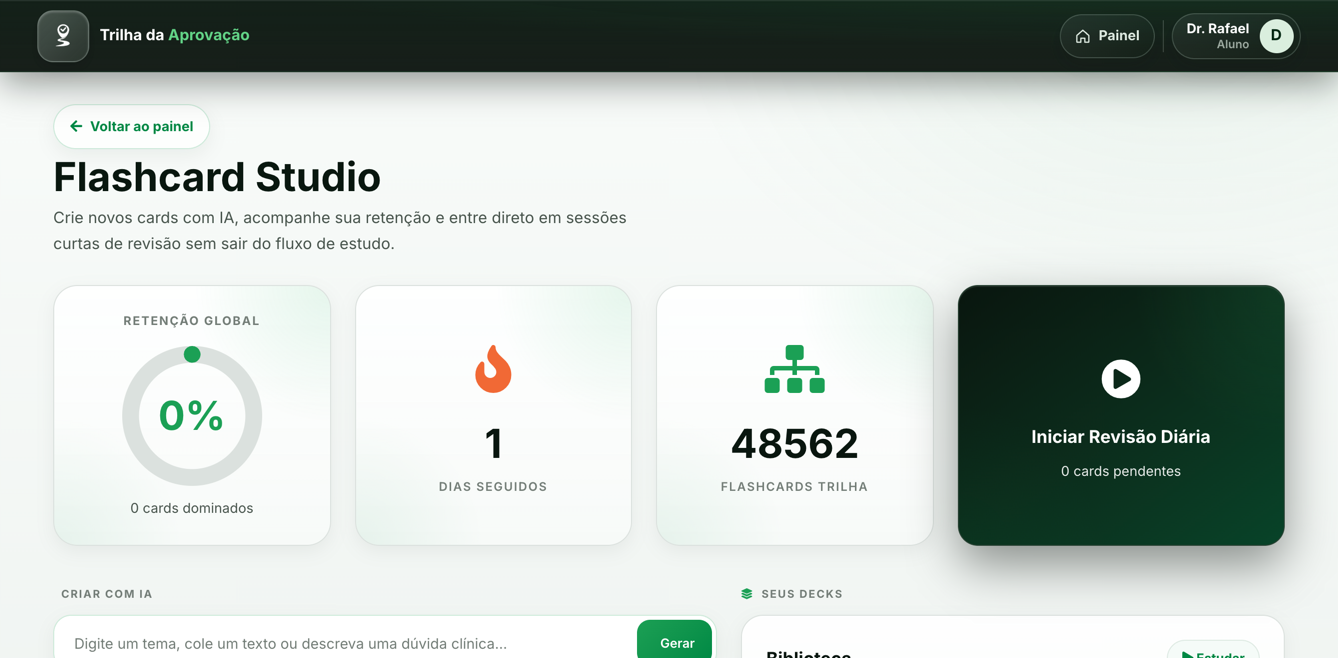 Tela real da Trilha de Flashcards com catálogo e revisões pendentes do perfil demonstrativo