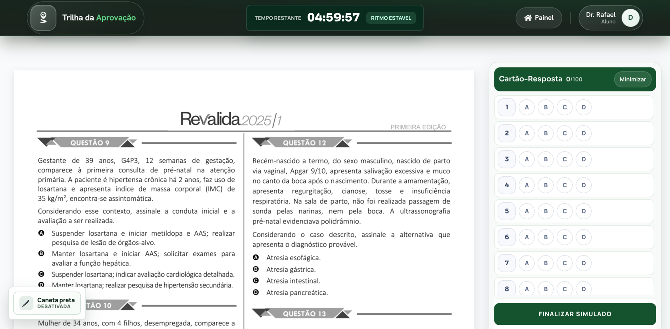 Prova oficial inédita INEP 2025.1 em andamento, com questões do caderno original, cronômetro e cartão-resposta