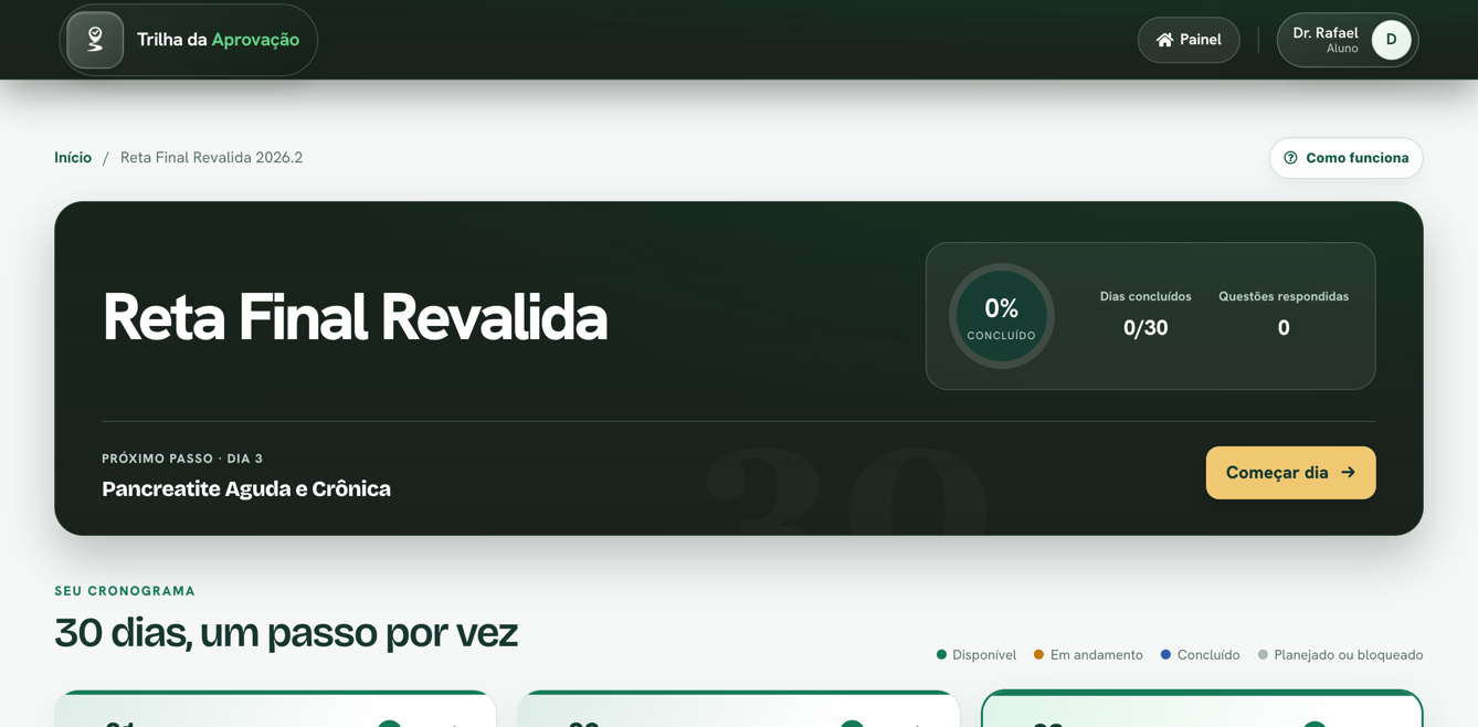 Tela real do cronograma Reta Final Revalida com trinta dias de estudo