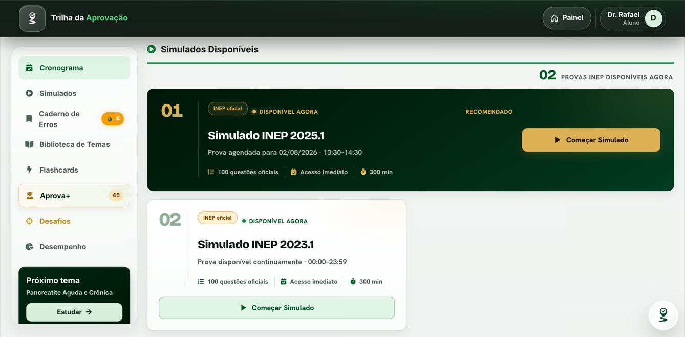 Tela real com simulados oficiais INEP disponíveis para iniciar