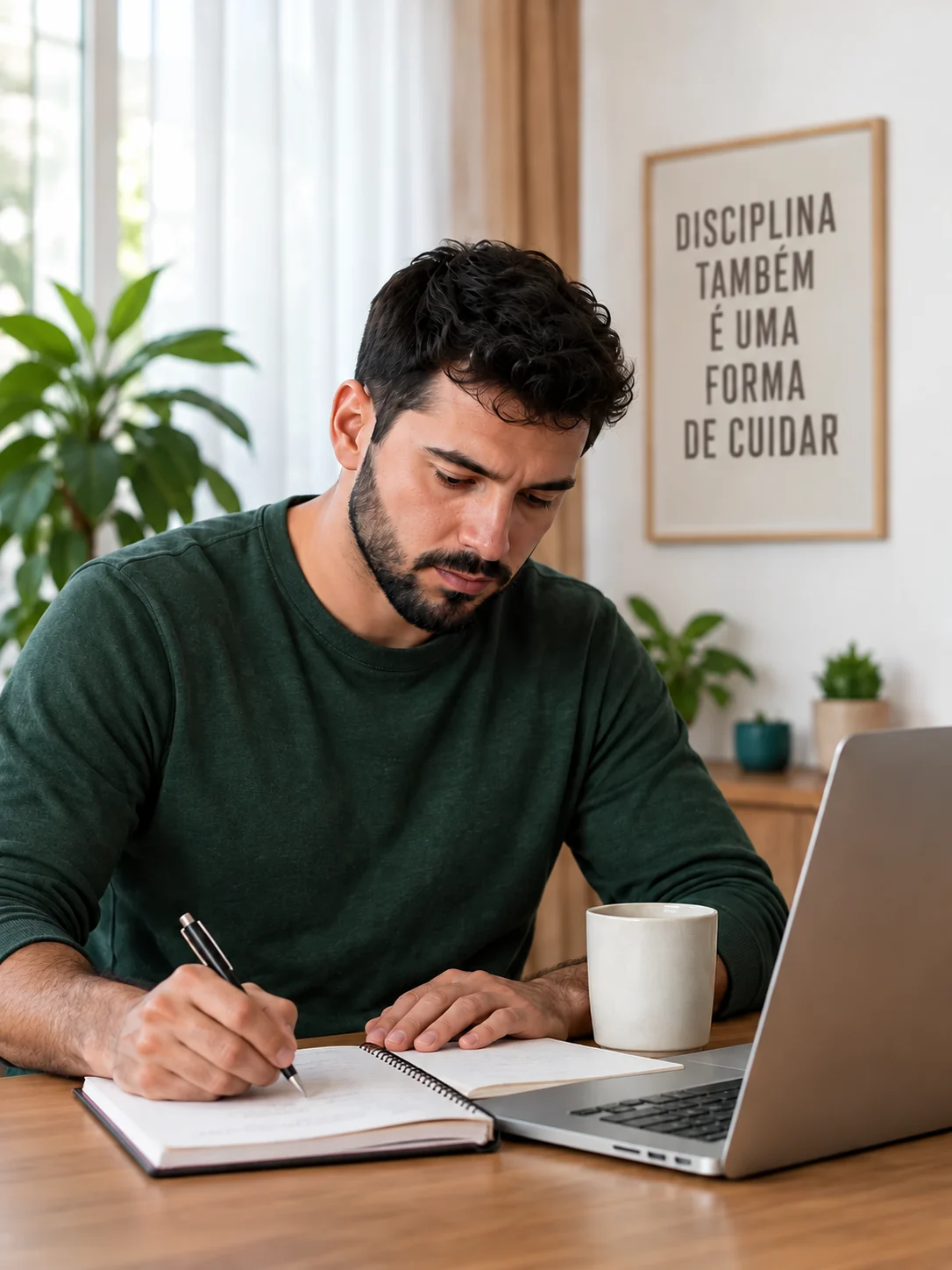 Cena ilustrativa de um médico estudando; no quadro, a frase: Disciplina também é uma forma de cuidar.